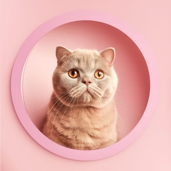 Adorable cute kitten portrait with pink round background and whiskers, furry pet feline animal