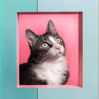 Cat portrait with pink background in a frame, featuring a tabby with black and white fur and alert eyes