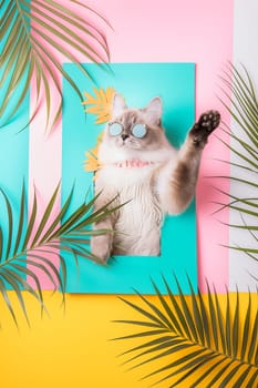 A funny cat wearing sunglasses posing stylishly in a colorful frame with palm leaves