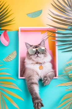 Cute cat with sunglasses in a colorful box surrounded by palm leaves on a bright tropical background