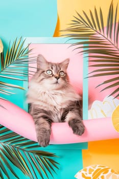 Fluffy tabby cat in a frame posing with tropical leaves in a pink and green background
