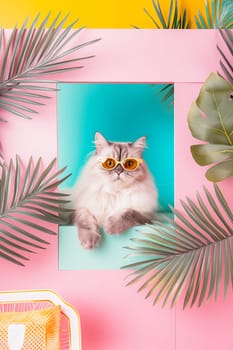 Fluffy cat with sunglasses portrait in tropical window with cute and stylish vibe