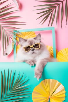 Cute fluffy cat with sunglasses in a tropical frame with palm leaves and yellow backdrop on pink