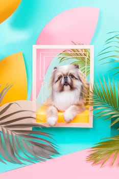 Cute Pomeranian dog portrait in a colorful, tropical frame with pink background and leaves