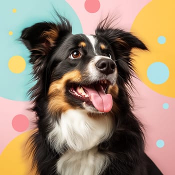 Happy portrait of a cute dog with colorful background, showing tongue and ears, smiling joyfully