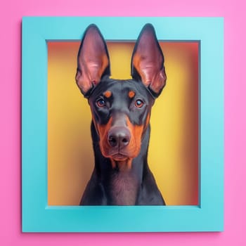 Doberman portrait with large ears in blue frame on bright pink and yellow background