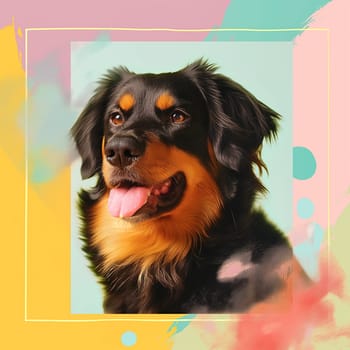 Happy and colorful portrait of a smiling Rottweiler dog with a vibrant background