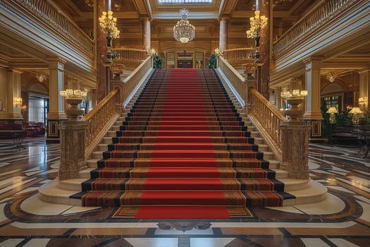 Grand staircase with red carpet in a luxury interior featuring a chandelier and marble decor.