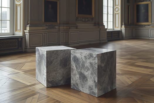 Elegant marble cubes on parquet flooring with shadows in a classic interior