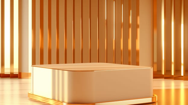Elegant golden stage with modern platform for exhibition and product showcase in a luxurious interior