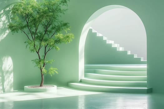Modern interior design featuring a green tree, arch staircase, and elegant light in a minimalist style