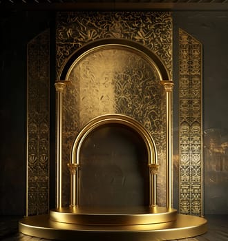 Golden ornate archway with luxurious decor, elegant gilded classical background for architecture