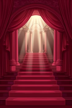 Elegant theater stage with red curtains, columns, and lights creating a grand performance ambiance