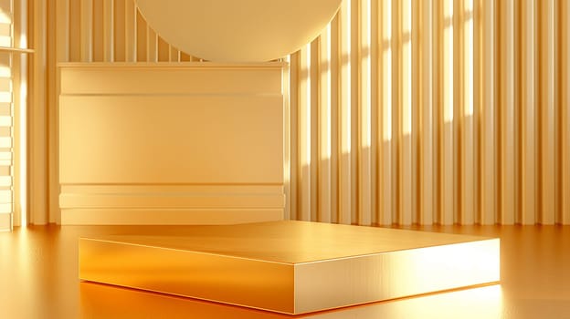 Geometric modern minimalist interior with golden shapes, abstract design, light, and sunlight shadows