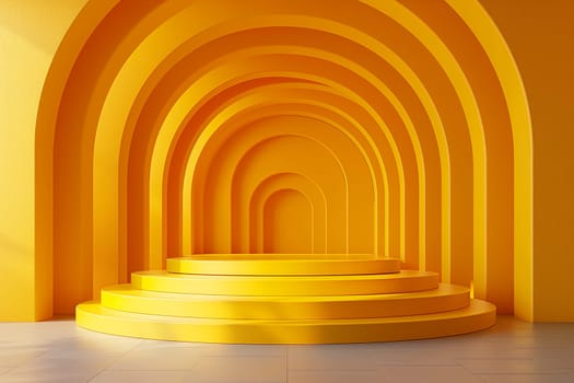 Yellow arches and staircase with artistic layers creating a bright, curved, and symmetrical interior design