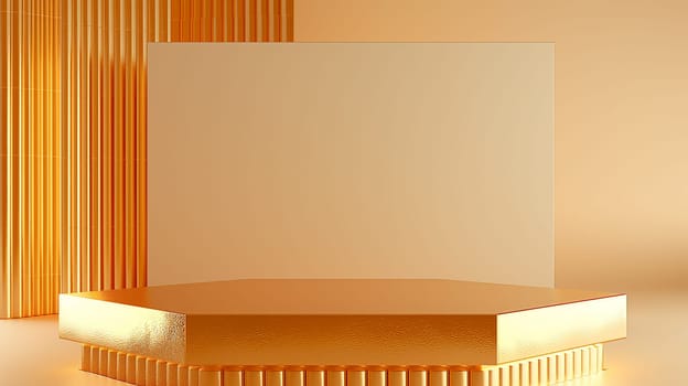Golden hexagon podium on a geometric background for a modern exhibit and glossy abstract presentation