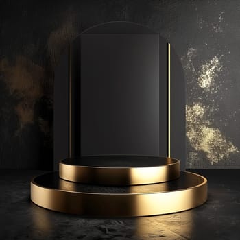 Elegant black and gold podium with modern arch on dark luxury background for refined presentation