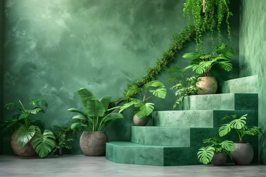 Lush green plants on stylish indoor stairs with pottery and verdant design creating a tranquil environment