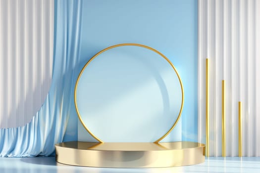 Elegant golden arch podium with blue curtains and circular backdrop on a shiny metallic stage