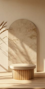 Minimalistic decor with rustic circle backdrop, shadows, and plants creating a serene scene