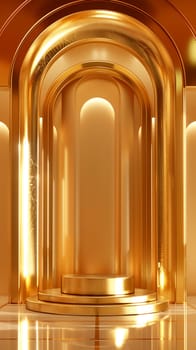 Golden arch in a shiny interior design with luxury elegant modern reflections and curves
