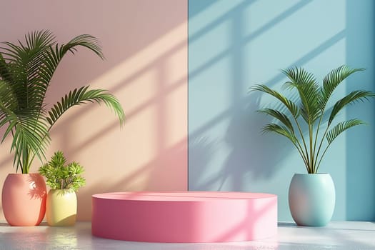 Pink and blue background with green plants in vases casting shadows in sunlight
