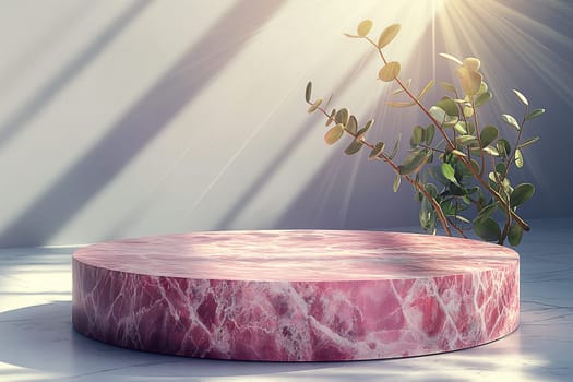 Modern pink marble pedestal with sunlight and eucalyptus plant, elegant interior display background