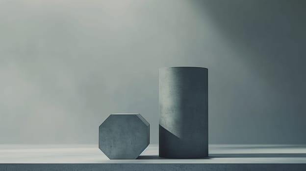 Modern abstract design with gray concrete cylinder and octagon shapes casting shadows