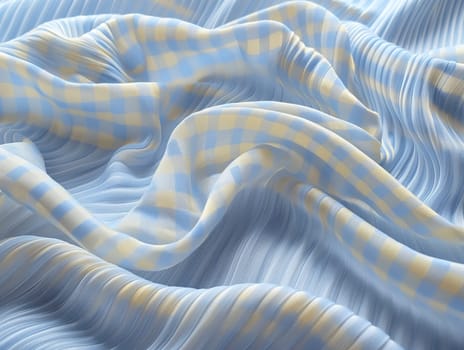 Abstract waves of blue checker fabric with soft wrinkles and textured plaid pattern