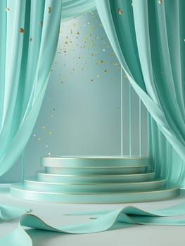 Elegant stage with mint curtains, ribbons, confetti, and arch on a festive celebration platform
