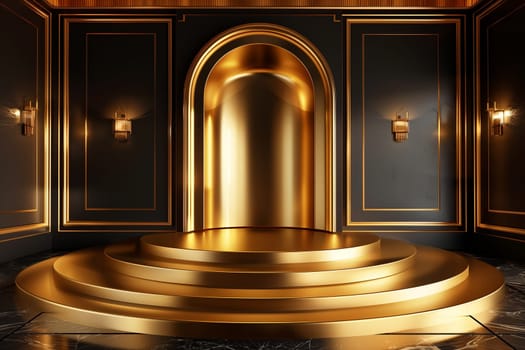 Elegant golden interior stage with ornate panels and arches showcasing a luxurious modern design