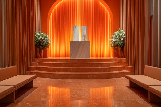 A vibrant orange interior features a marble altar, steps, benches, lighting, curtains, and flowers.