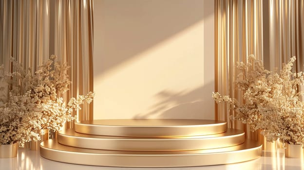 Elegant golden stage platform with floral decorations in a luxurious, shiny and glamorous setting