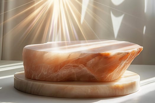 Sunlight shining on a marble table with glowing stone surface and soft interior shadows
