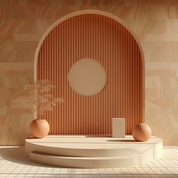 Minimalist interior design with orange arch, symmetry, and modern geometry creating unique shadows