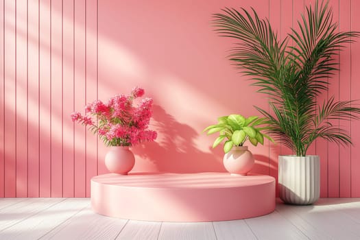 Modern minimalist decor with vibrant pink and green potted plants on a stylish pedestal