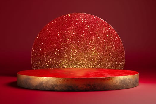 Elegant empty circular stage platform with red backdrop and glitter gradient for spotlight display