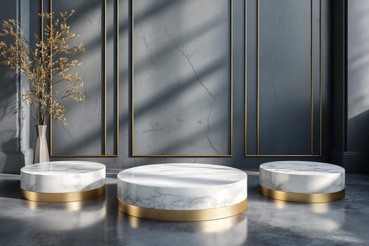 Elegant marble pedestal with golden accents in a sunlight-filled minimalist interior display