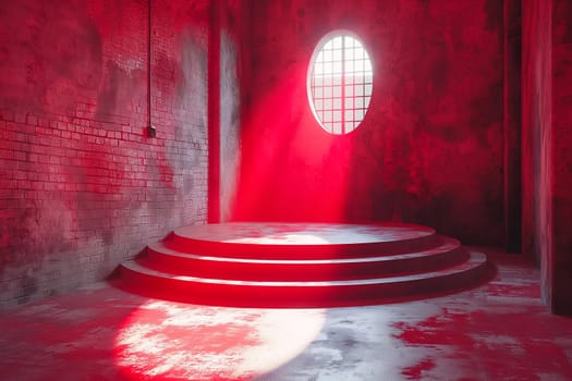 Empty industrial brick stage with red light spotlight through window in dramatic interior