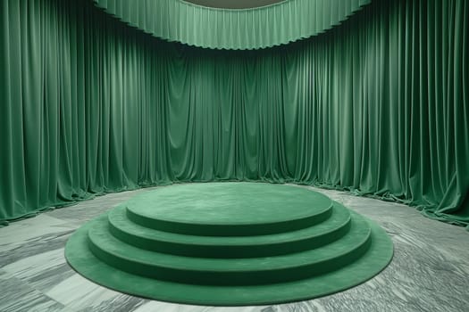 Green velvet stage with elegant curtains and empty platform in a dramatic interior design