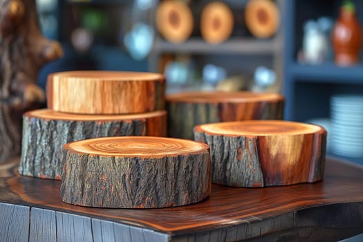 Wooden logs with bark and grain, showing tree rings, cut surfaces, and a rustic, natural feel