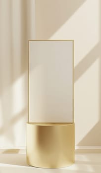 Modern blank canvas on golden pedestal in minimalist interior room for elegant art exhibit display
