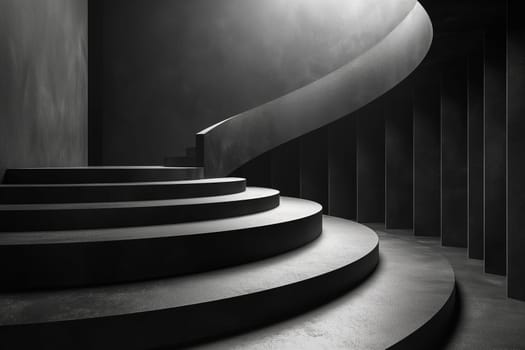 Elegant black modern staircase with curved spiral steps in a minimalist interior design