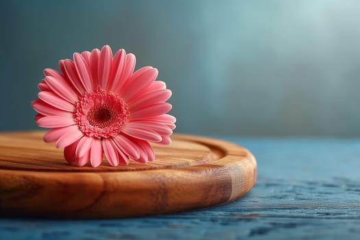 Pink gerbera flower blossom with petal daisy bloom on wooden background decor