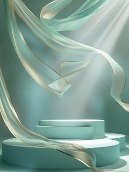 Ethereal pastel fabric drapes around a podium with light flowing elegantly in soft curves
