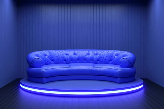 Modern blue sofa in a luxurious interior design with vibrant lighting setup in a stylish room