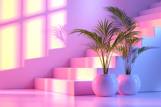 Modern home interior design with potted plants on stairs, illuminated by vibrant sunset light and shadows