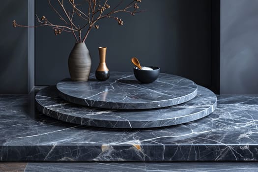 Elegant black marble table with modern vase, plant, and branches in sophisticated interior design