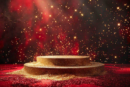 Golden sparkling stage platform with shimmer and red glitter, stars in the background and bright lights