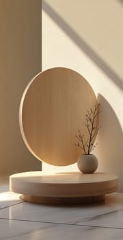 Minimalist wooden circle stand with a vase decor for modern interior design art